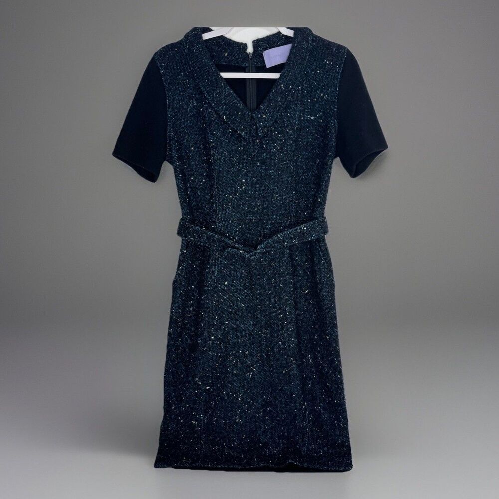 Vera Wang Lavender Label Wool Boucle Sweater Dress Belted Blue Donnegal 4 Stretc
